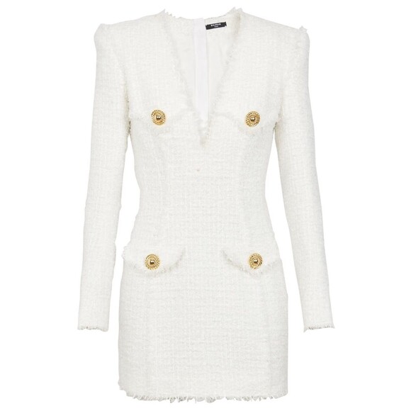 $3150 Balmain Womens Long Sleeve 4-Button Tweed Mini Dress White Size 42 / US 10 - Picture 3 of 6